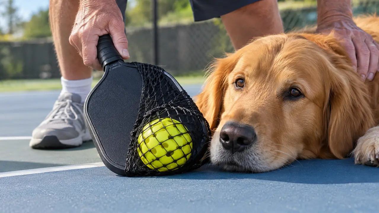 Close view of a ball retriever head pressed flat against the court, net open around a pickleball, hand on the handle