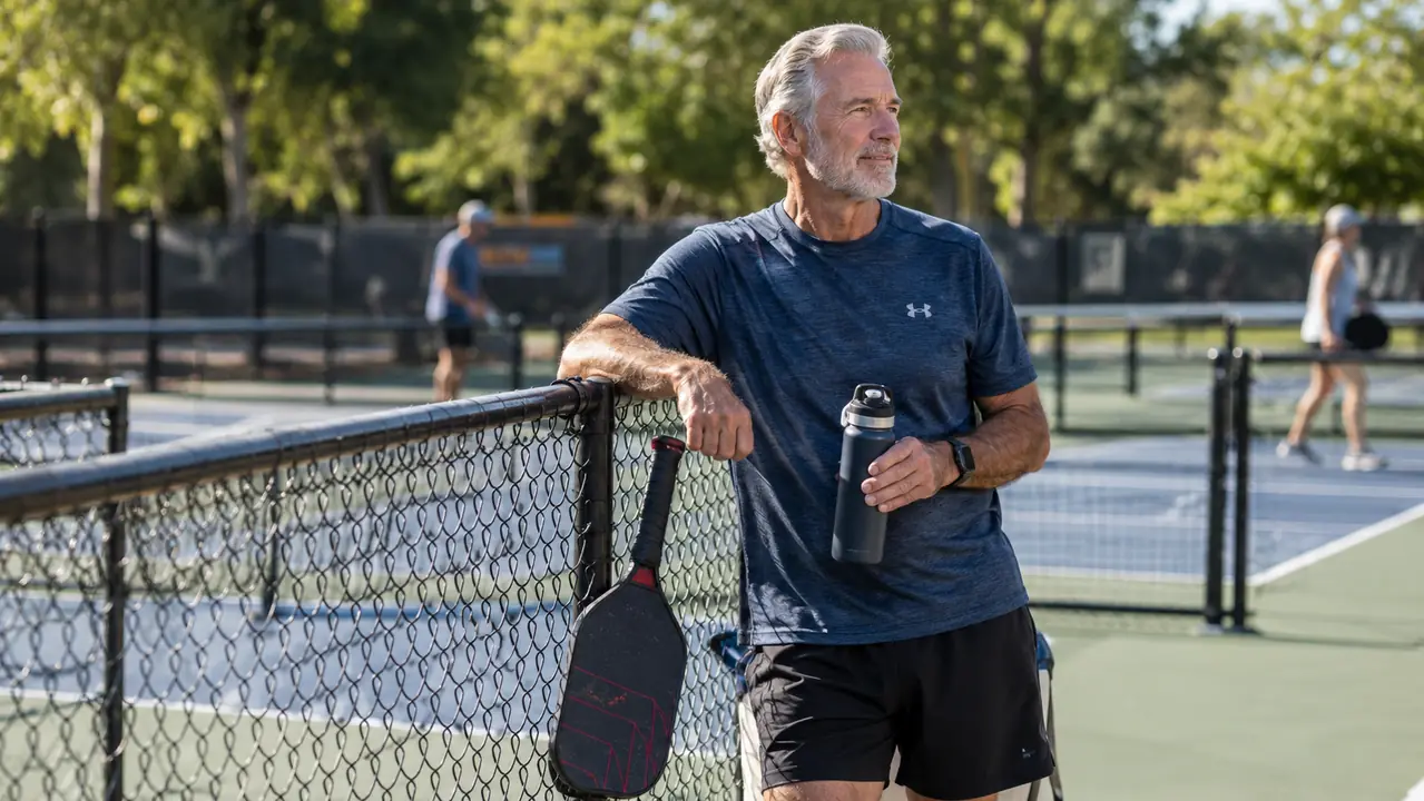A man in his sixties leaning the handle of a ball retriever against the fence while he drinks water between games