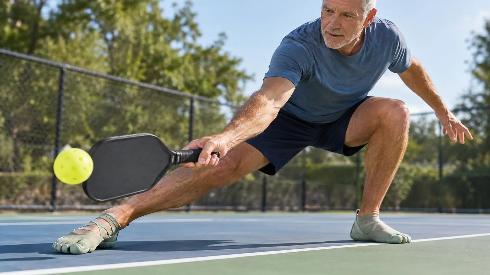 A close view of a court shoe on a player's foot during a lateral lunge on a pickleball court