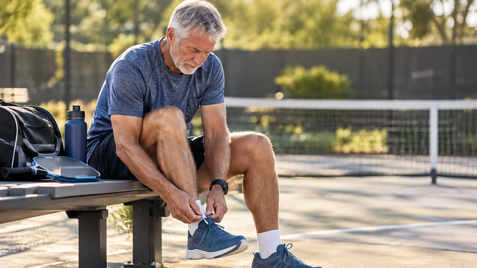 A man in his sixties tying his court shoes on a bench beside a pickleball court