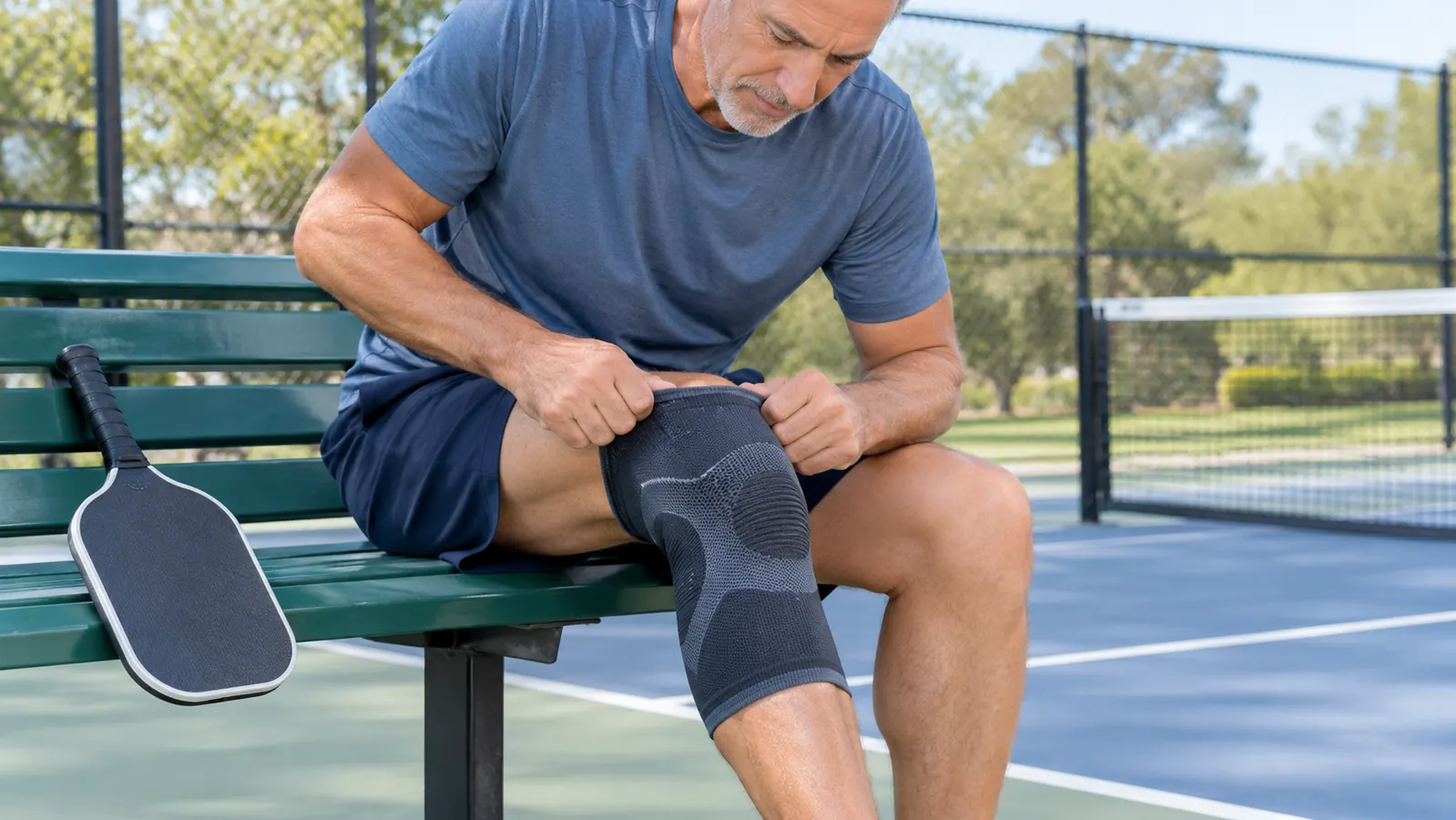 A person in athletic wear pulling a compression knee sleeve up over one knee beside a pickleball paddle leaning against a park bench
