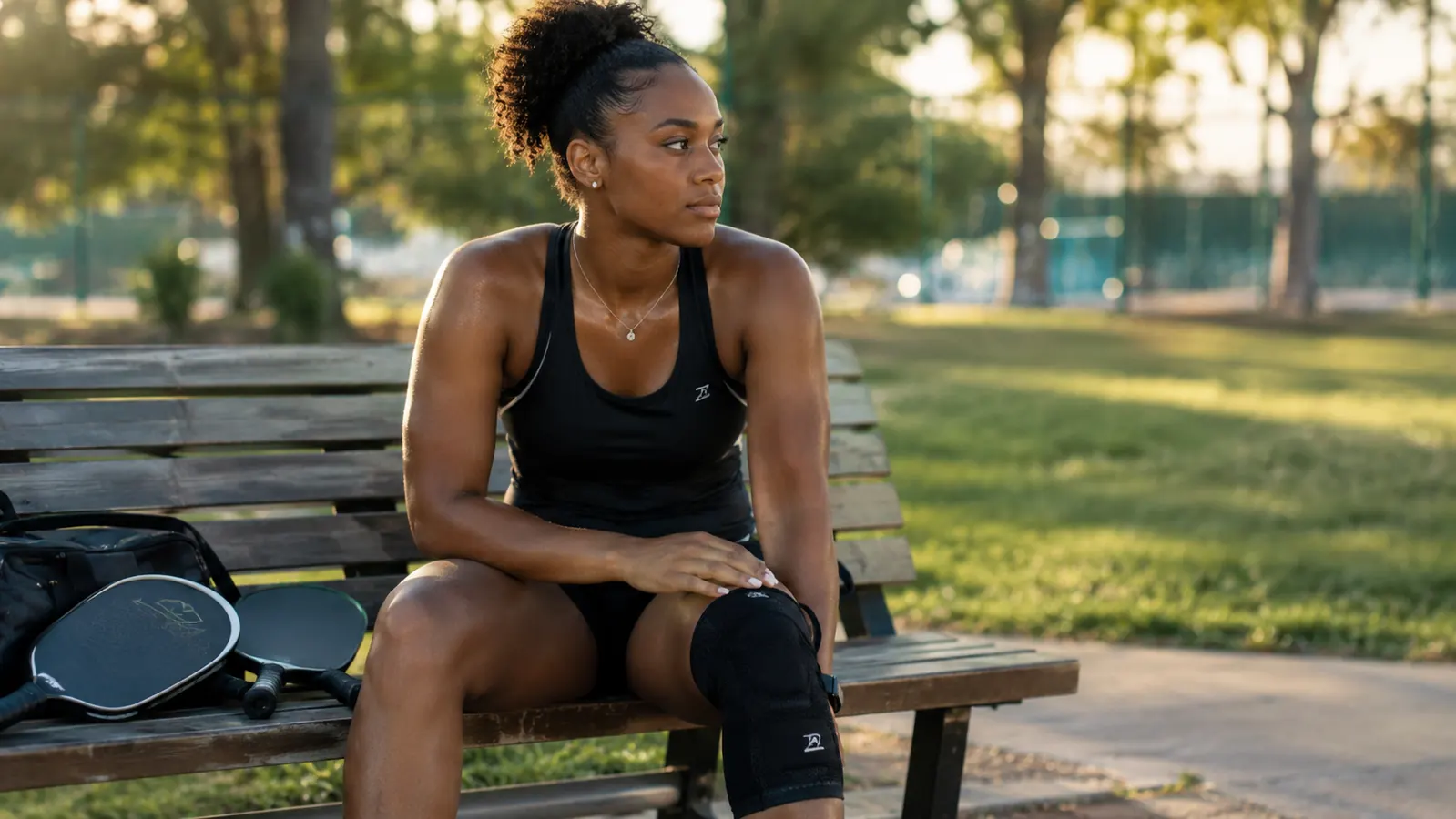 A person in athletic wear sitting on a park bench after a game, hand resting on a knee sleeve, pickleball paddles on the bench beside them