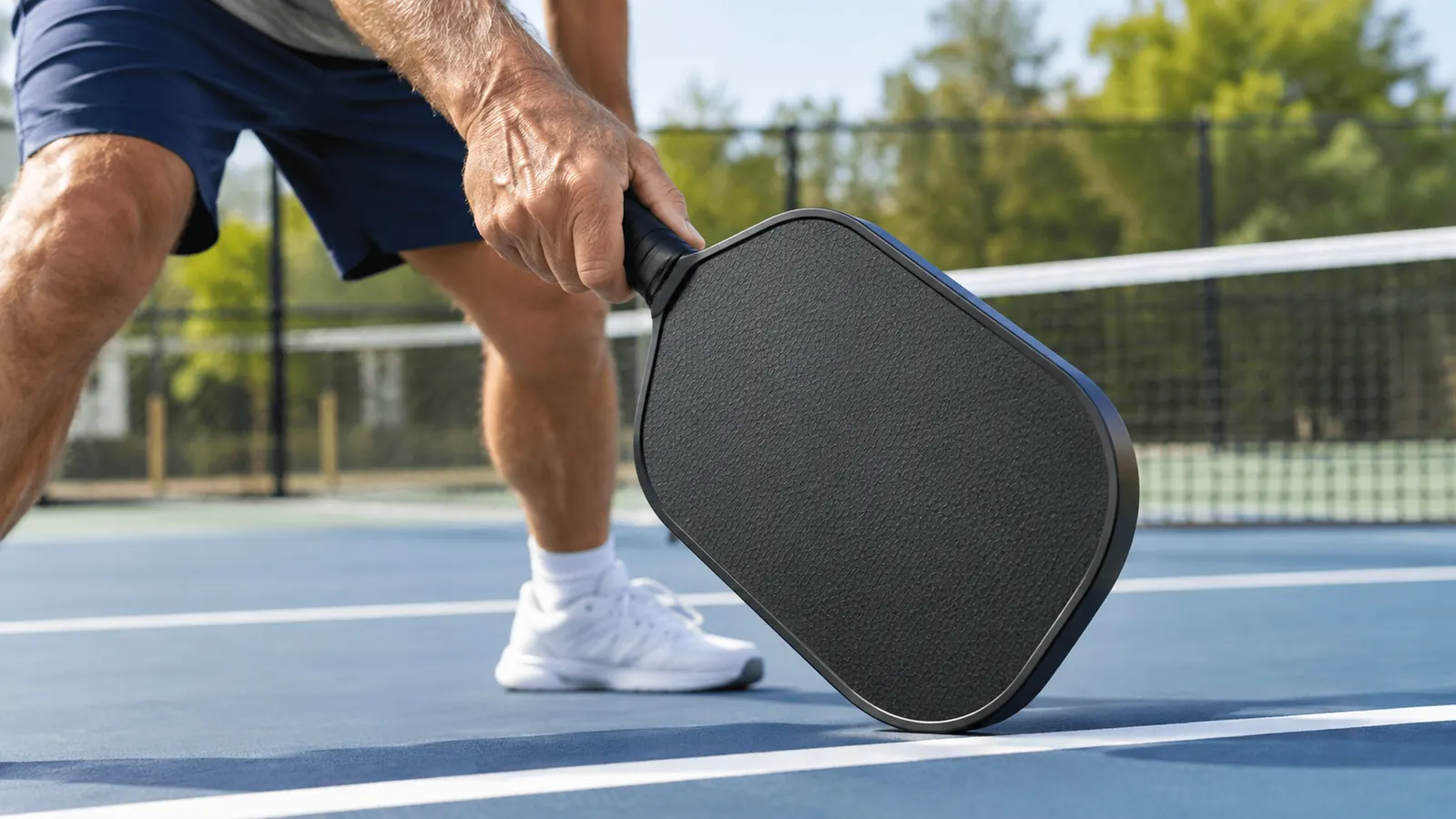 A close view of a player's hand gripping a paddle handle above the court surface