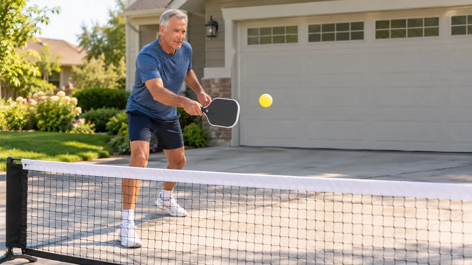 A man in his sixties hitting a pickleball into a portable net in a driveway
