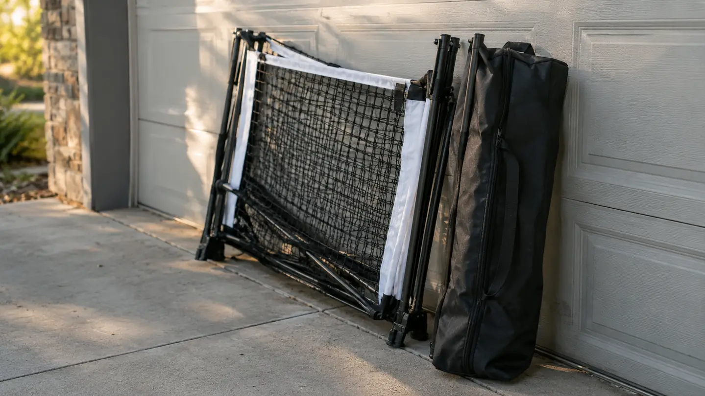 A folded portable pickleball net leaning against a garage wall next to its carrying bag