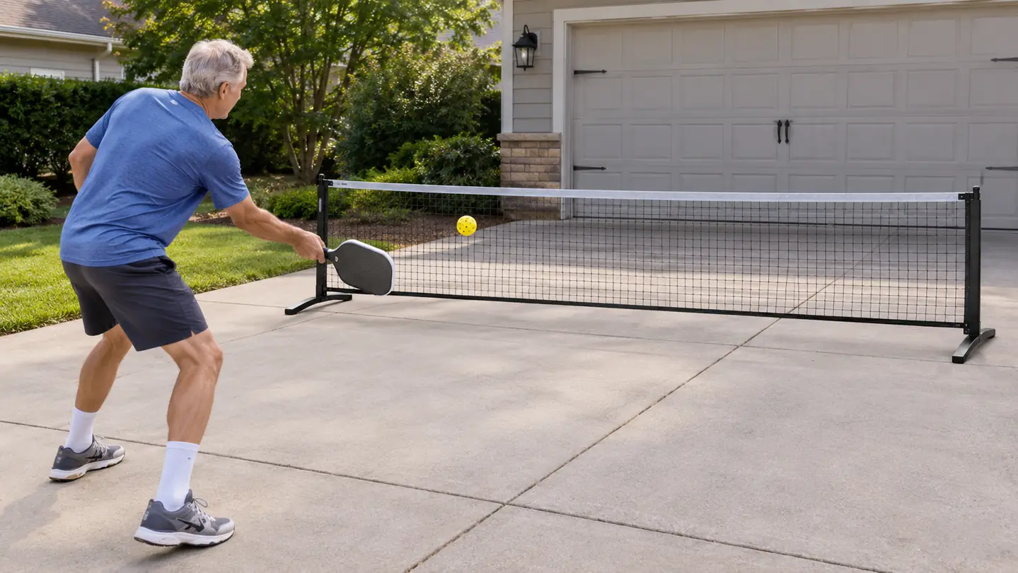 Man in his sixties hitting a pickleball off a portable net in a driveway