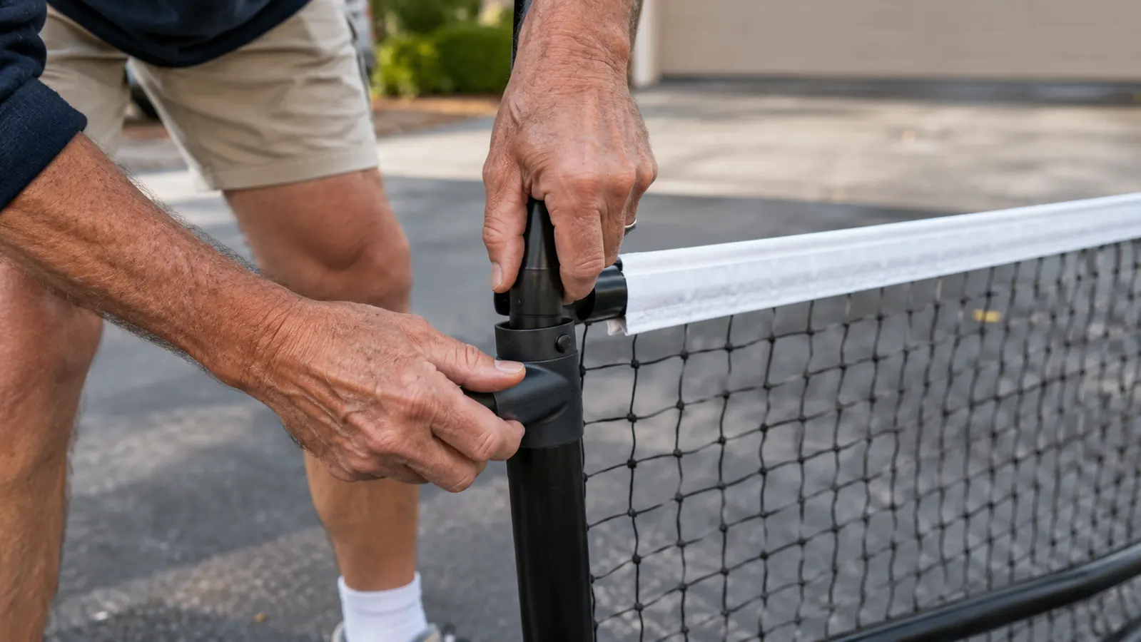 Hands adjusting a metal frame joint on a portable pickleball net in a driveway