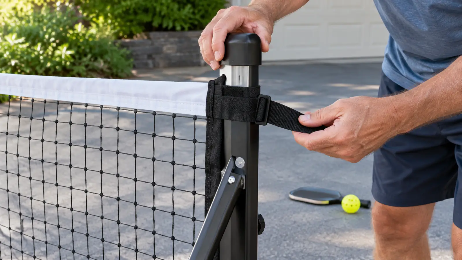 Hand adjusting the side tension strap on a portable pickleball net
