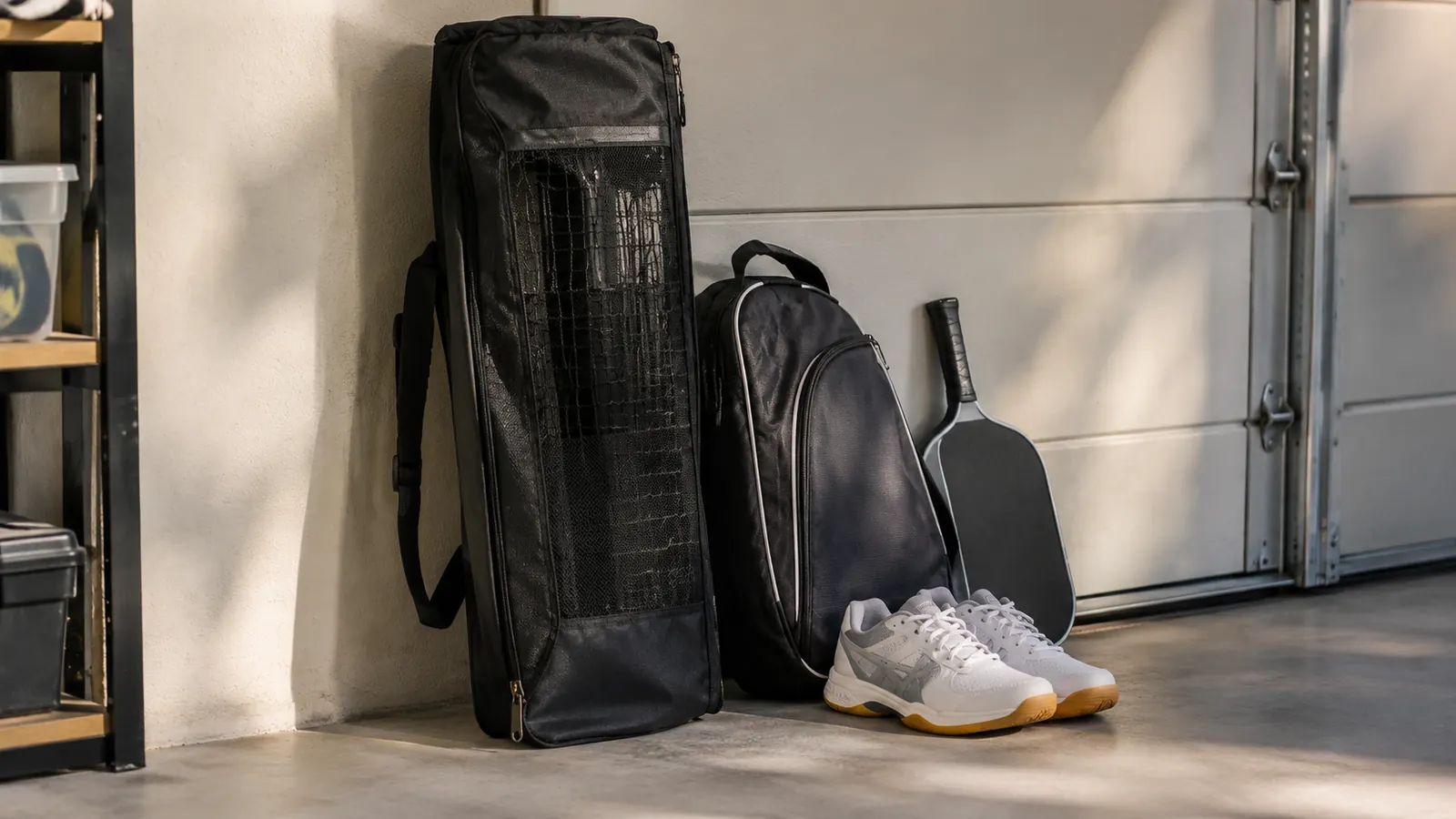 Portable pickleball net packed in its carry bag, leaning against a garage wall