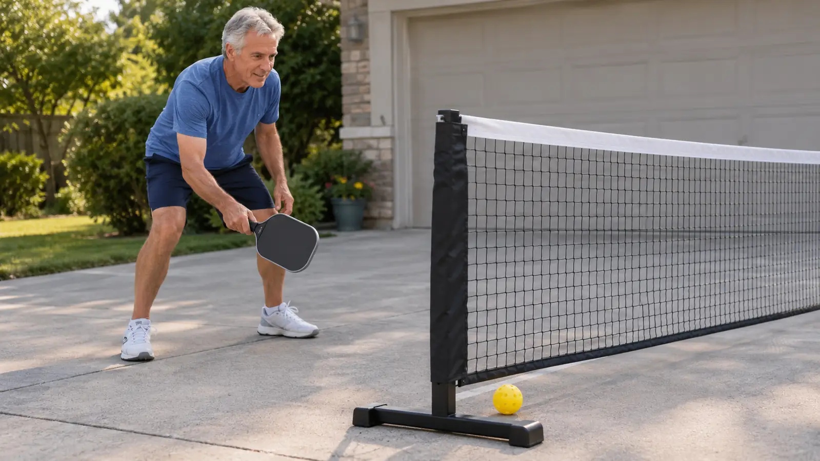 A portable pickleball net standing on a driveway with a ball resting against the bottom of the net