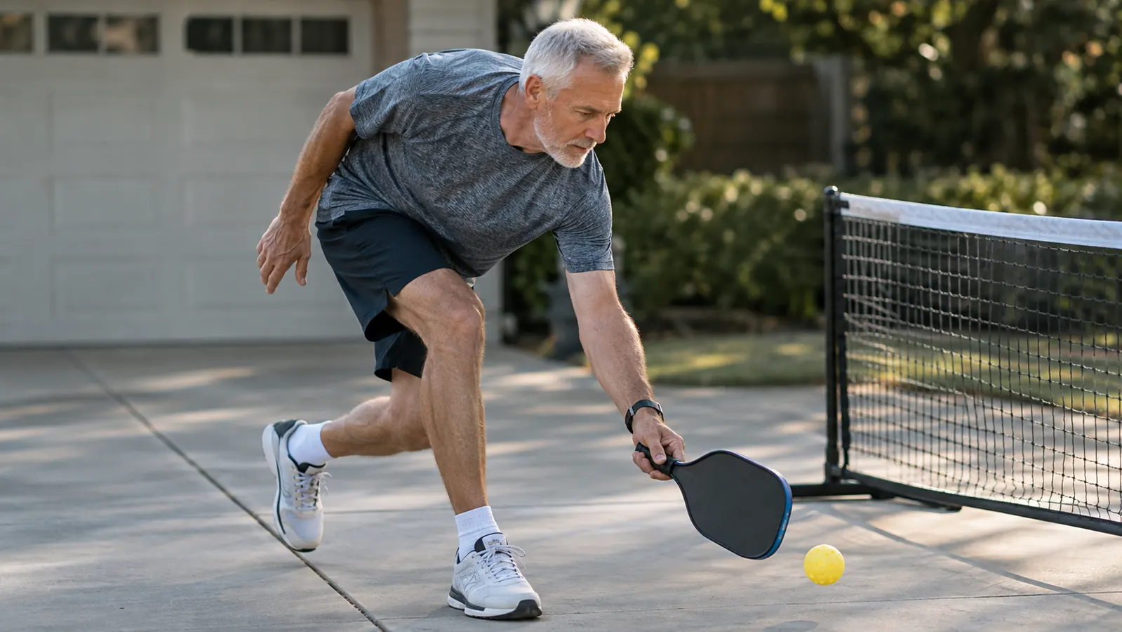 A man in his sixties reaching for a low ball during a pickleball drill beside a portable net on a driveway