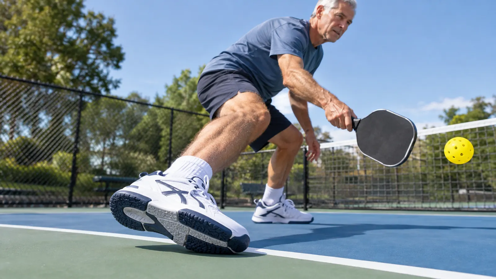 A man in his sixties wearing the ASICS Gel-Dedicate 8 court shoe while moving sideways at the kitchen line