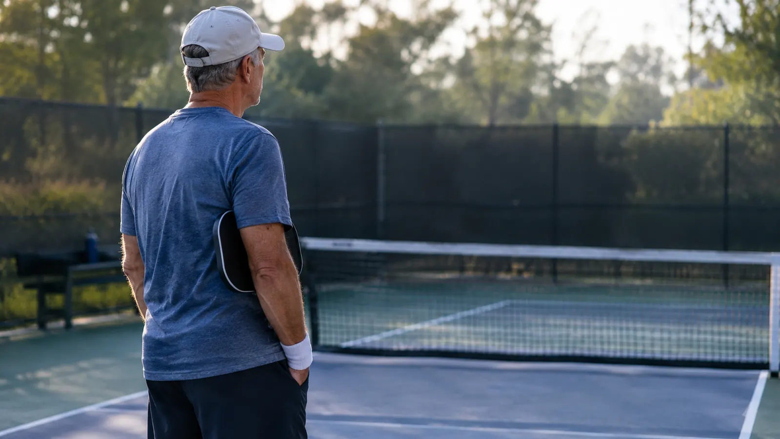A man in his sixties standing on the court after a match, resting with a paddle under his arm