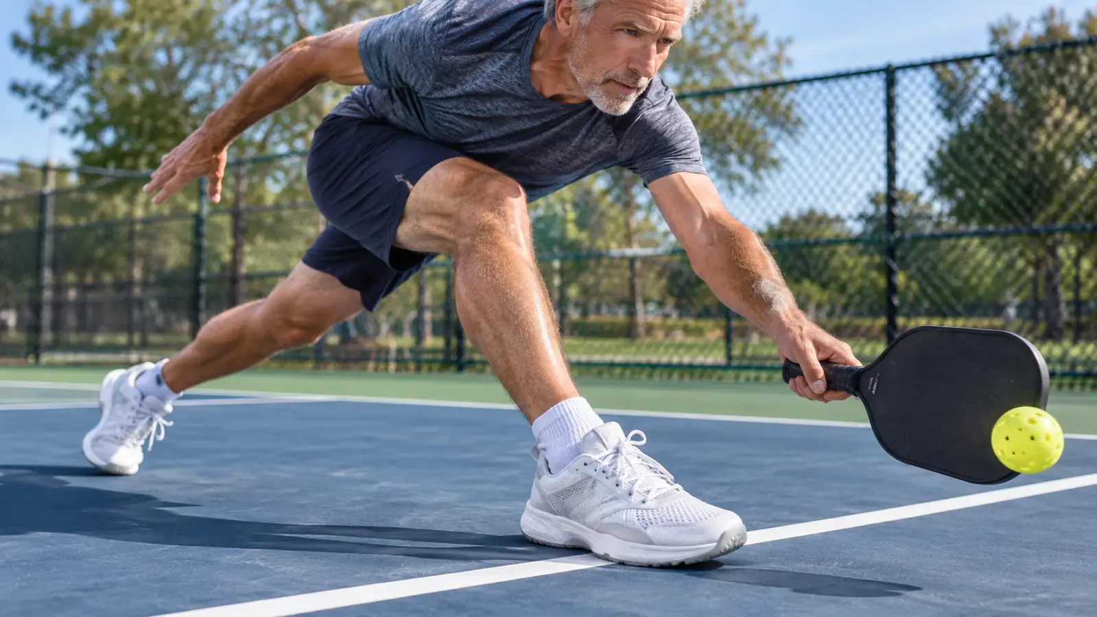 A close view of a court shoe on a player's foot at the kitchen line of a pickleball court