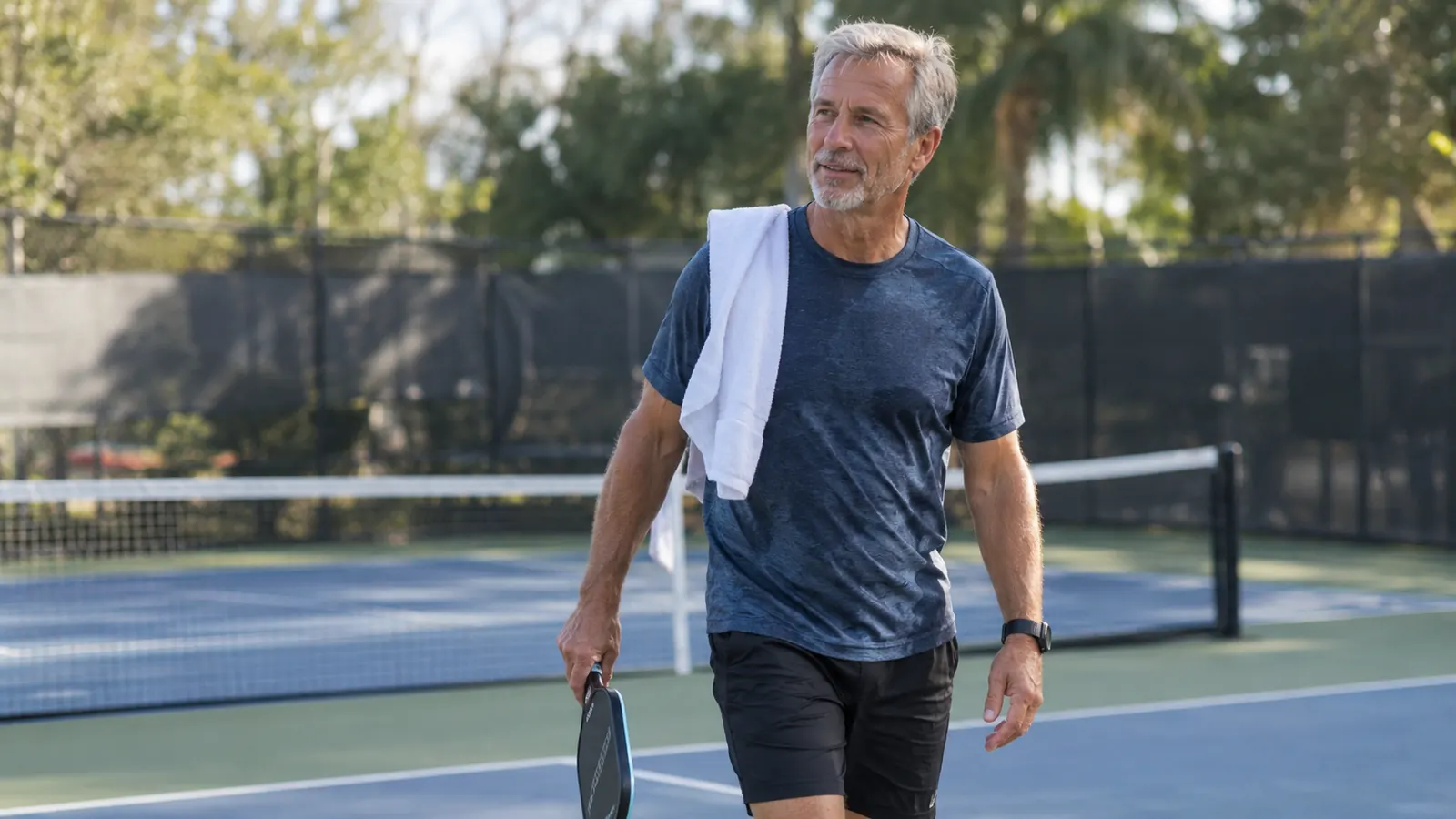 A man in his sixties walking off an outdoor pickleball court carrying a paddle after a morning game