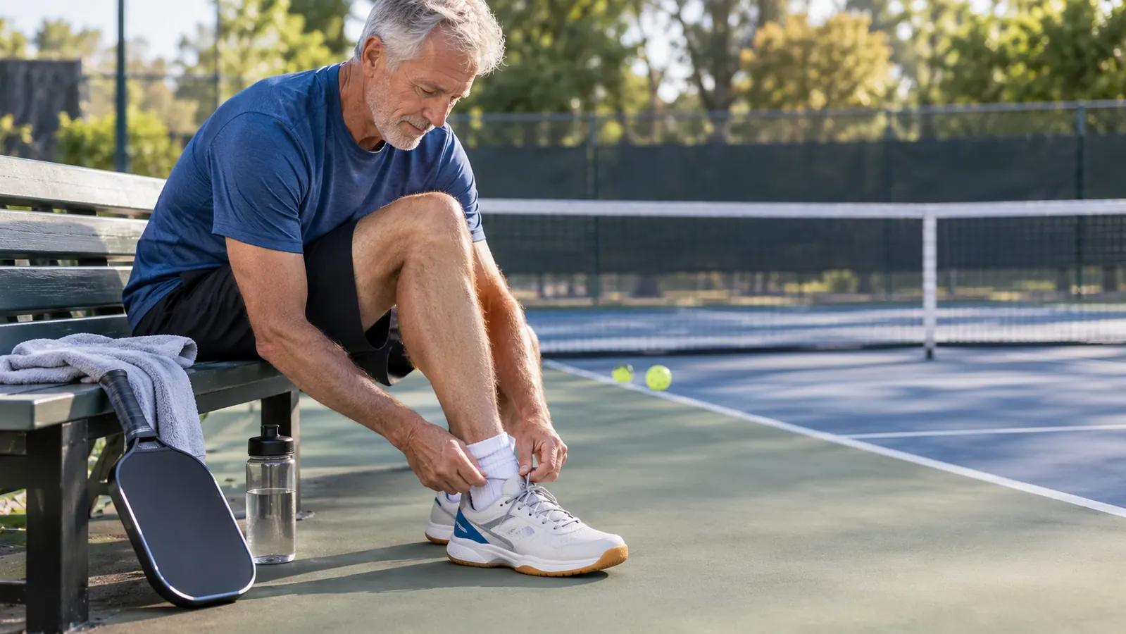 A man in his sixties lacing up a court shoe on a bench beside a pickleball court