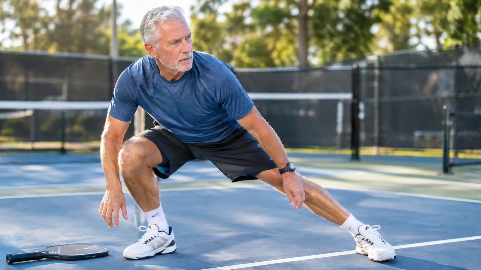 A man in his sixties doing a lateral lunge drill on a pickleball court in the morning