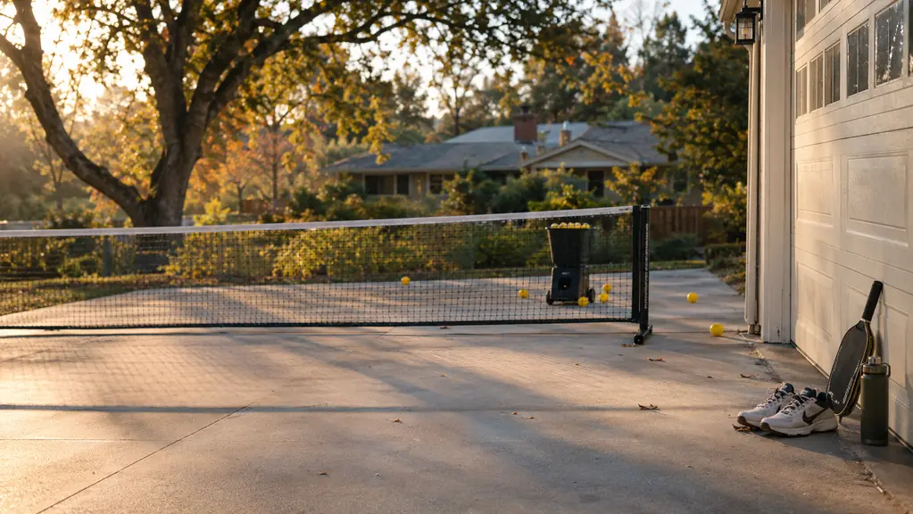 A portable pickleball net set up across a home driveway in early morning light, with a paddle, court shoes and a water bottle resting by the garage