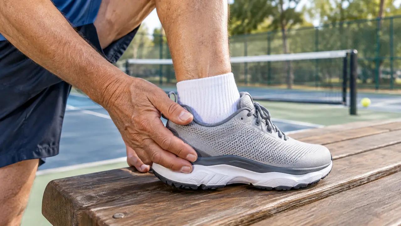 A hand pressing on the side of a court shoe to check lateral stability