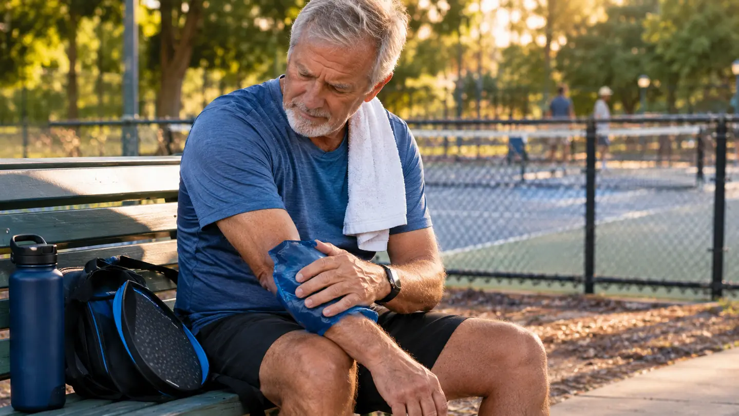A man in his sixties icing his forearm on a bench after a pickleball game