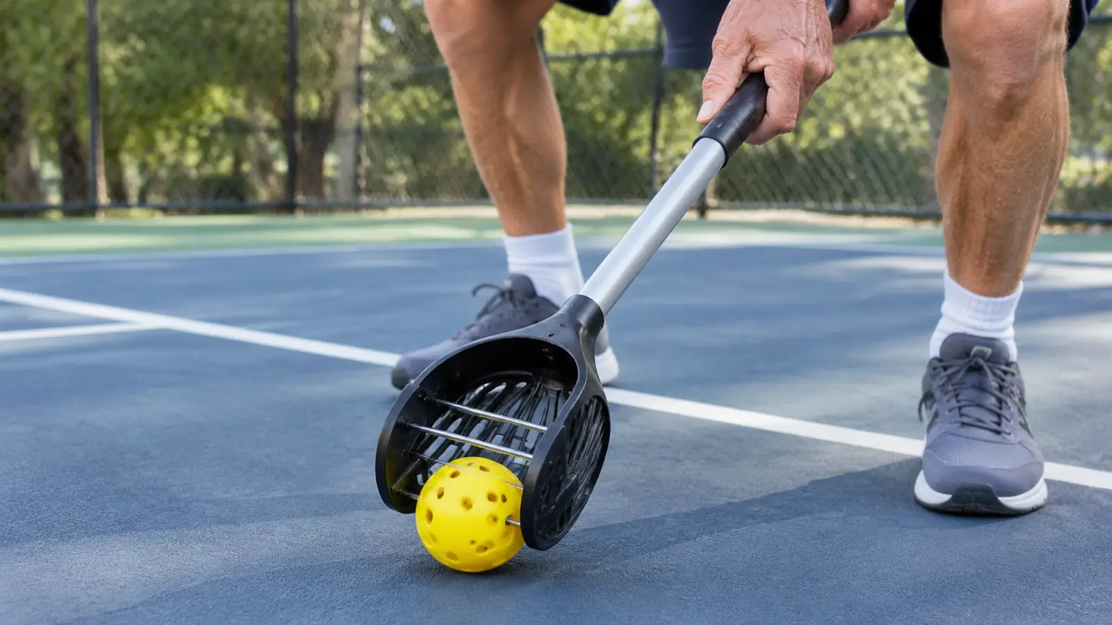 close view of a pickleball retriever picking up a ball on a court
