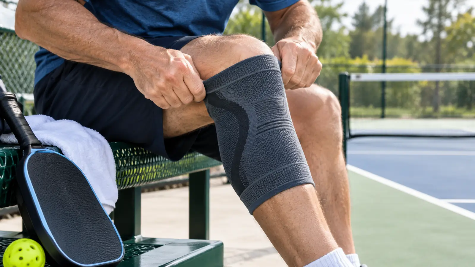 A hand sliding a compression knee sleeve up over a bent knee while the person sits on a park bench