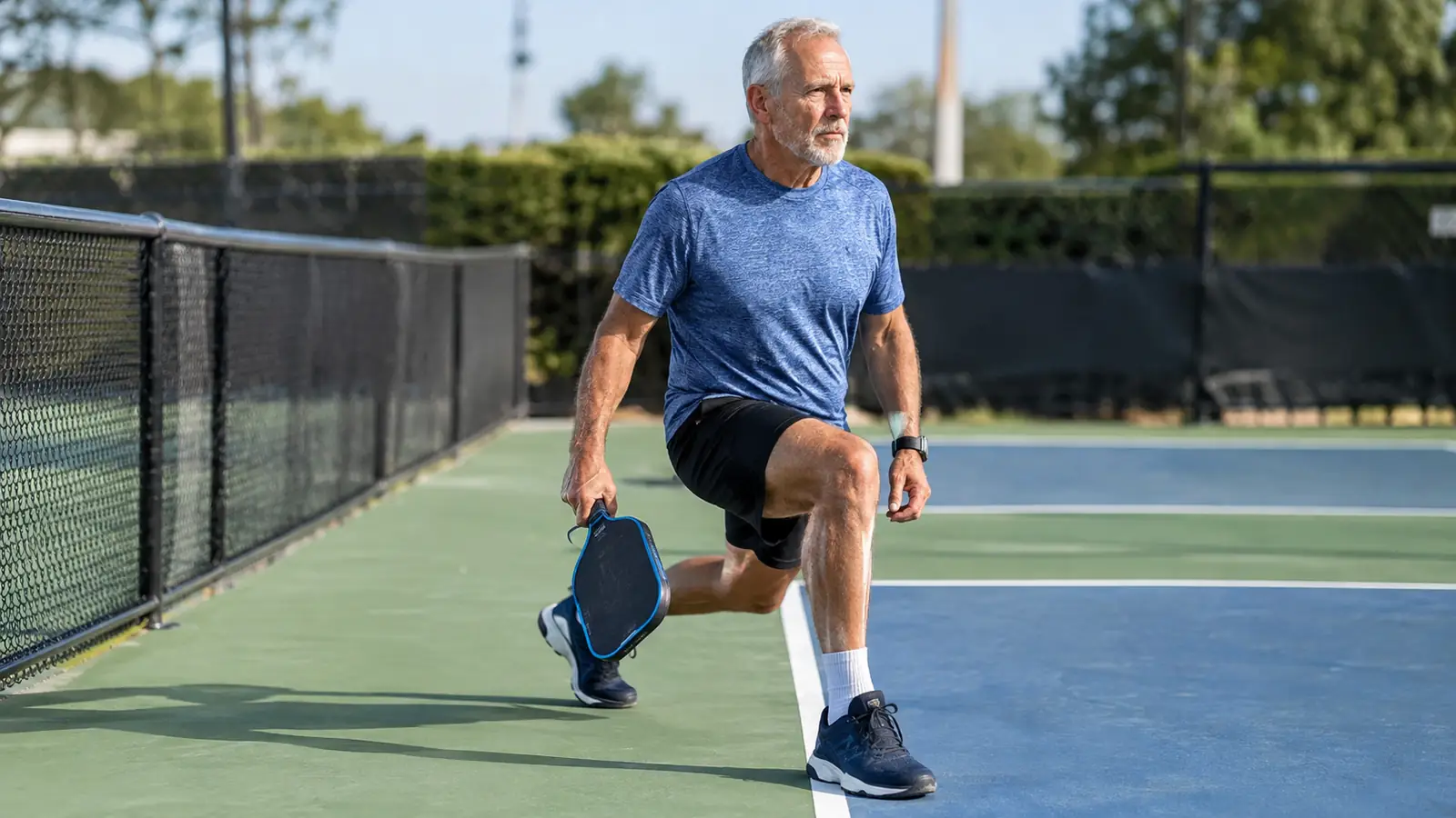 A man in his sixties doing a walking lunge on the sideline of a pickleball court while holding a paddle
