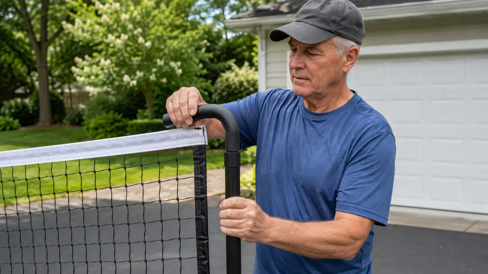 A man in his sixties fitting the top corner of a portable pickleball net frame over the center pole