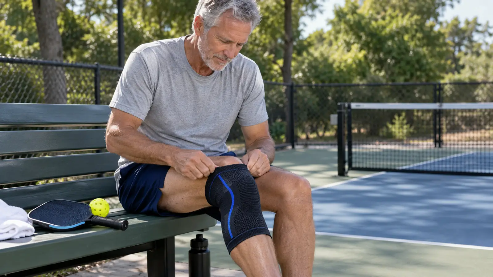 A hand pulling a compression knee sleeve up over the knee while seated on a bench