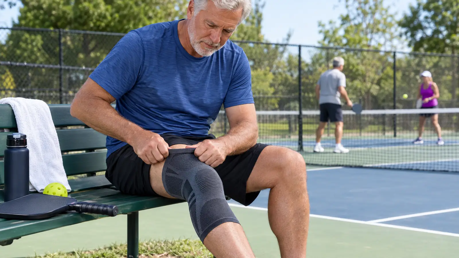 A man in his sixties pulling a knee compression sleeve up over his knee before playing pickleball