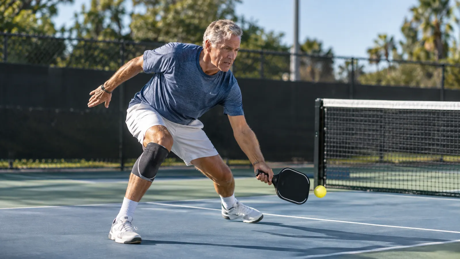 A man in his sixties playing pickleball on an outdoor court, one knee wrapped in a compression sleeve