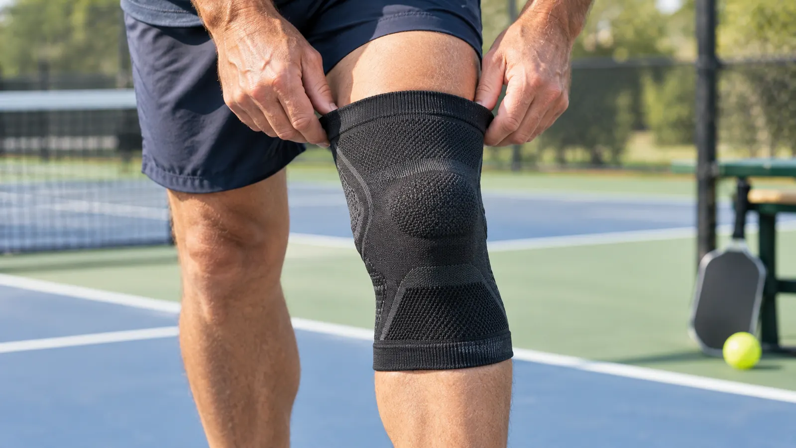 A hand pulling a compression knee sleeve up over a knee while standing on a pickleball court