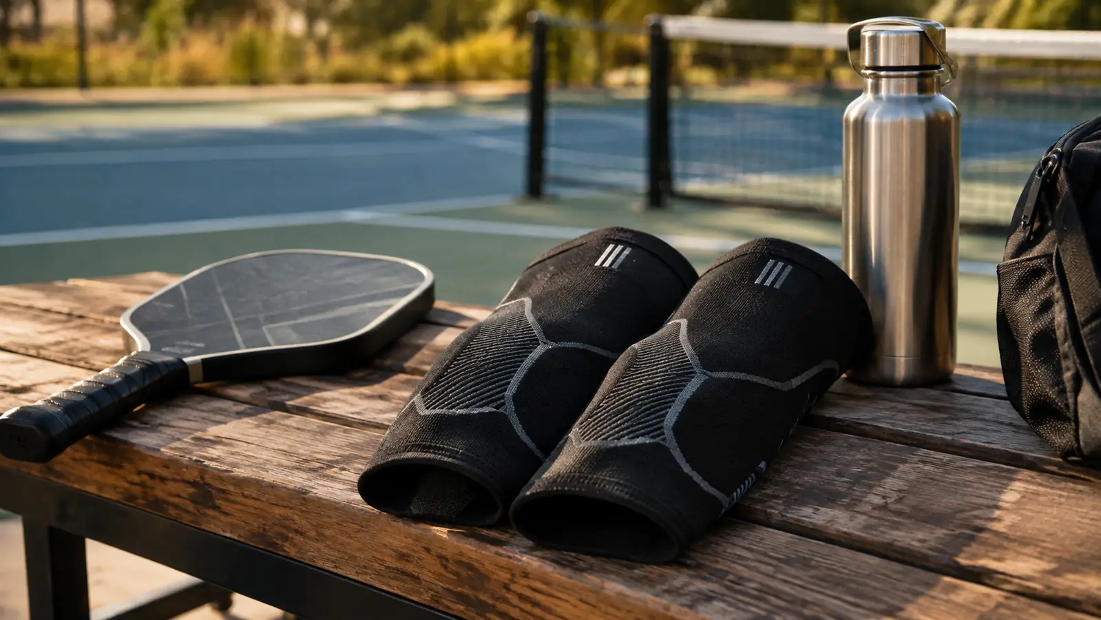 A pair of compression knee sleeves resting on a wooden bench beside a pickleball paddle and a water bottle