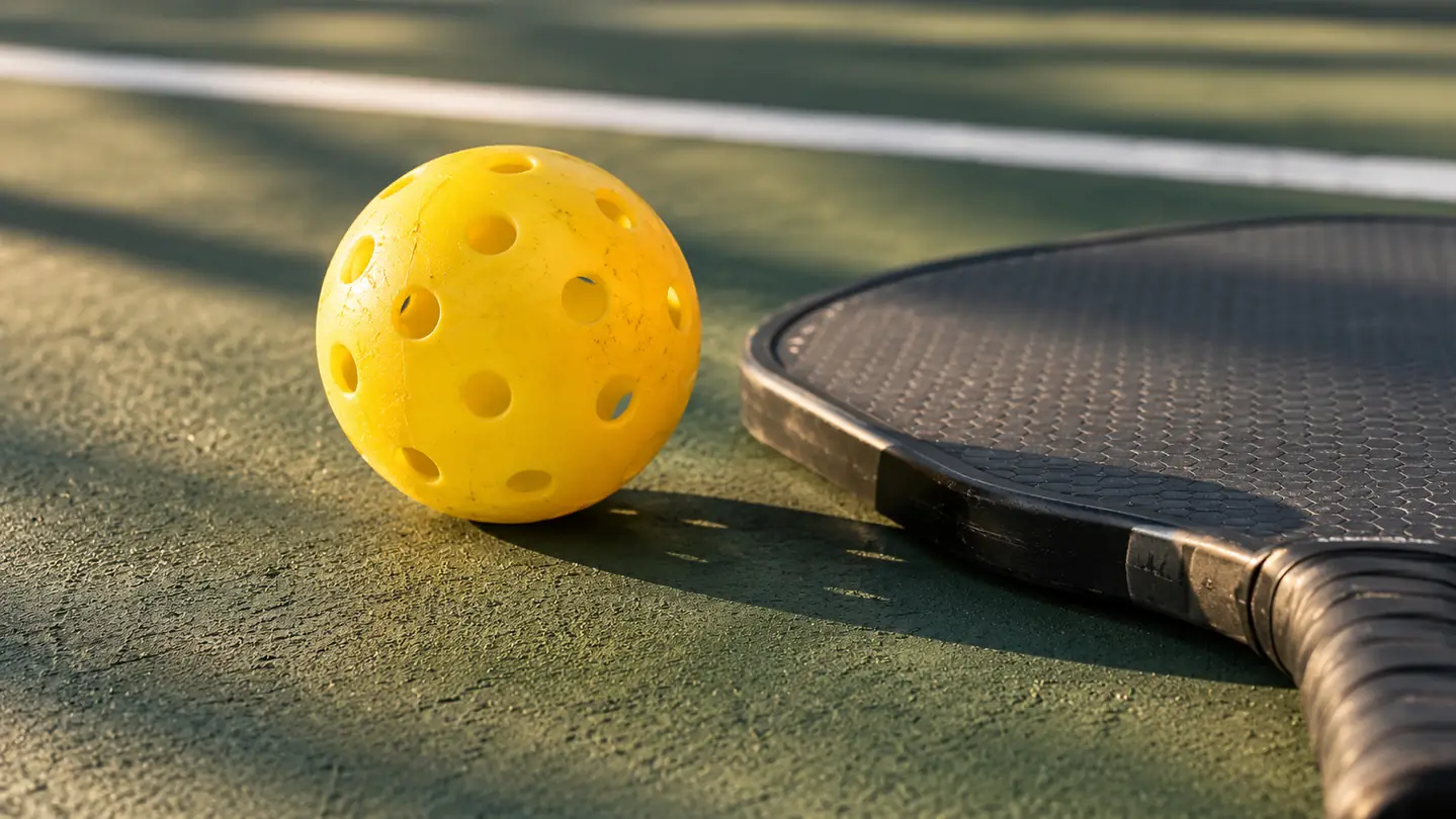 A pickleball resting on the court surface beside a paddle, low angle, late afternoon