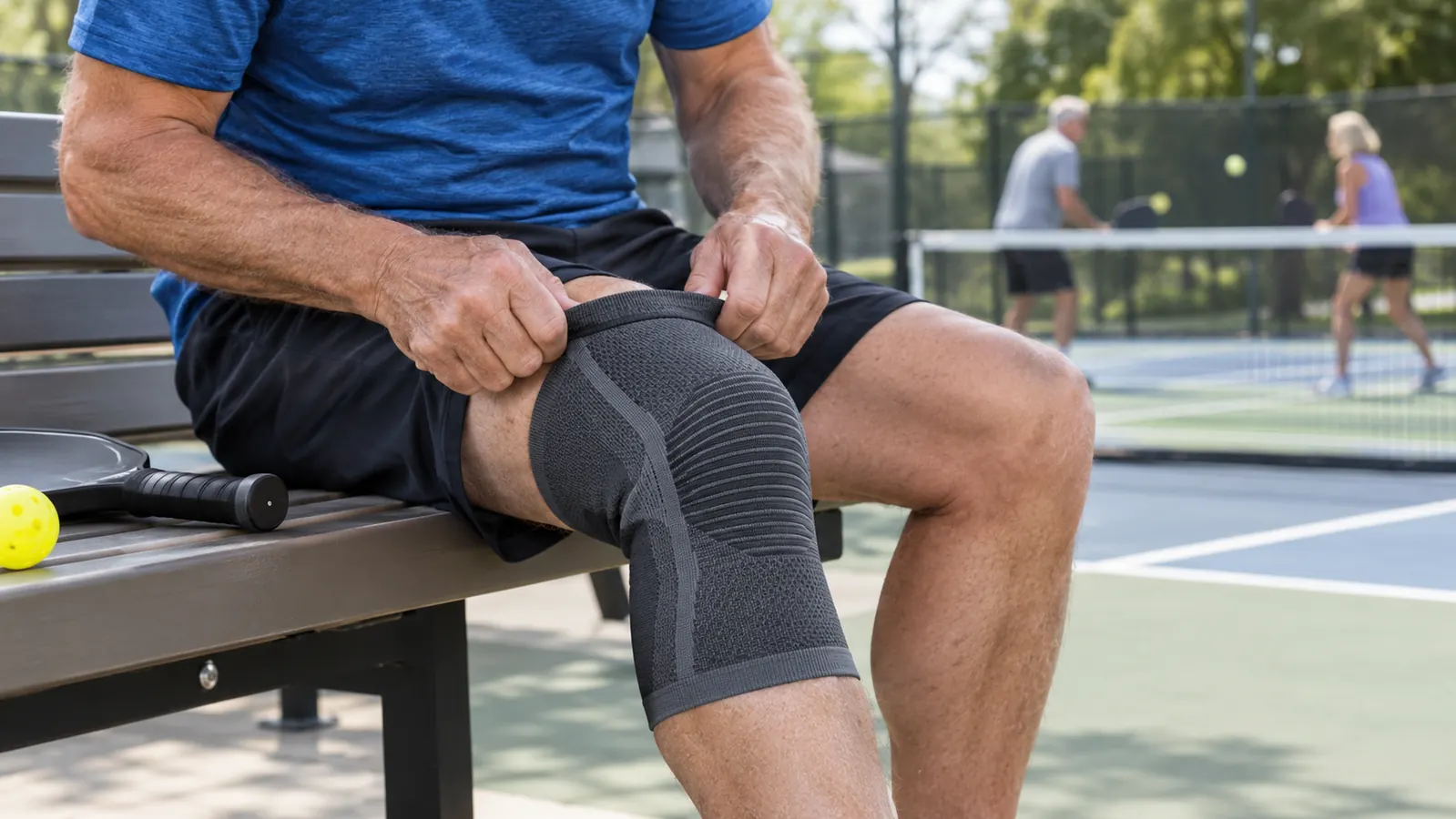 Hands pulling a compression knee sleeve over a bent knee while sitting on a park bench