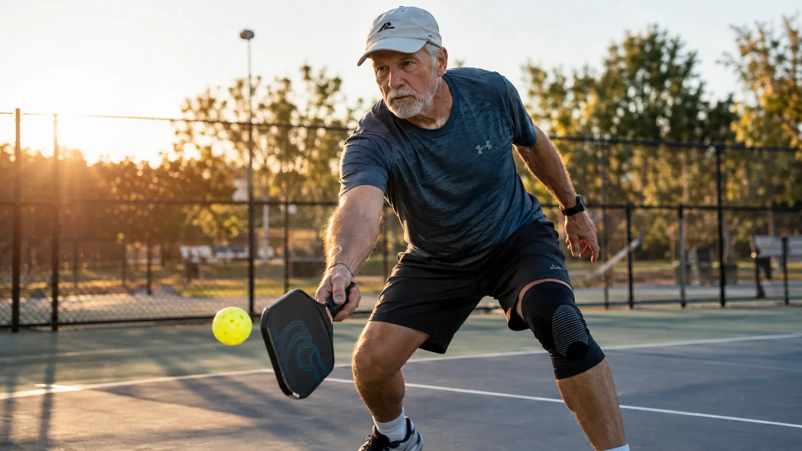 Man in his sixties reaching to hit a pickleball at the kitchen line, low morning sun on park courts