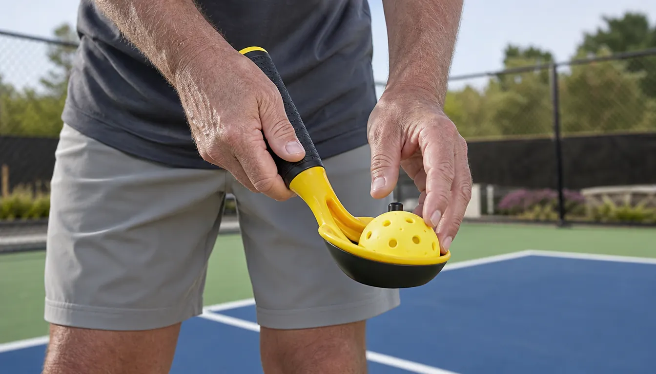 Close view of a player's hands gripping a ball retriever while the head scoops a pickleball from the court
