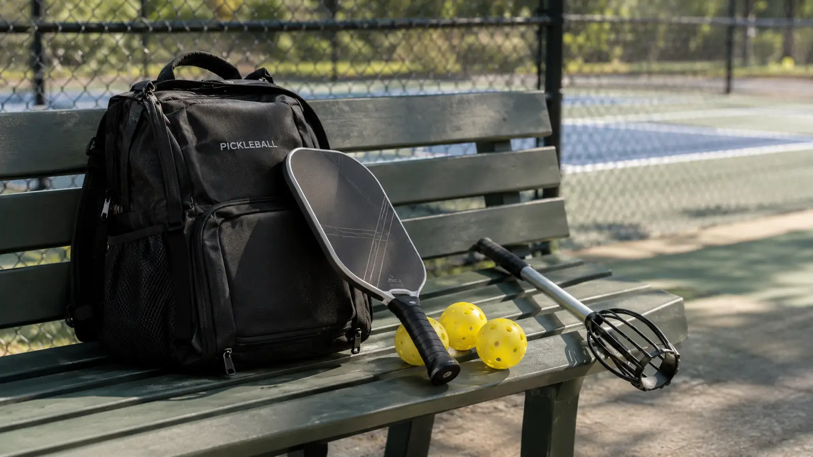 A pickleball bag on a bench with a paddle, a few balls, and a ball retriever resting beside it on a park court