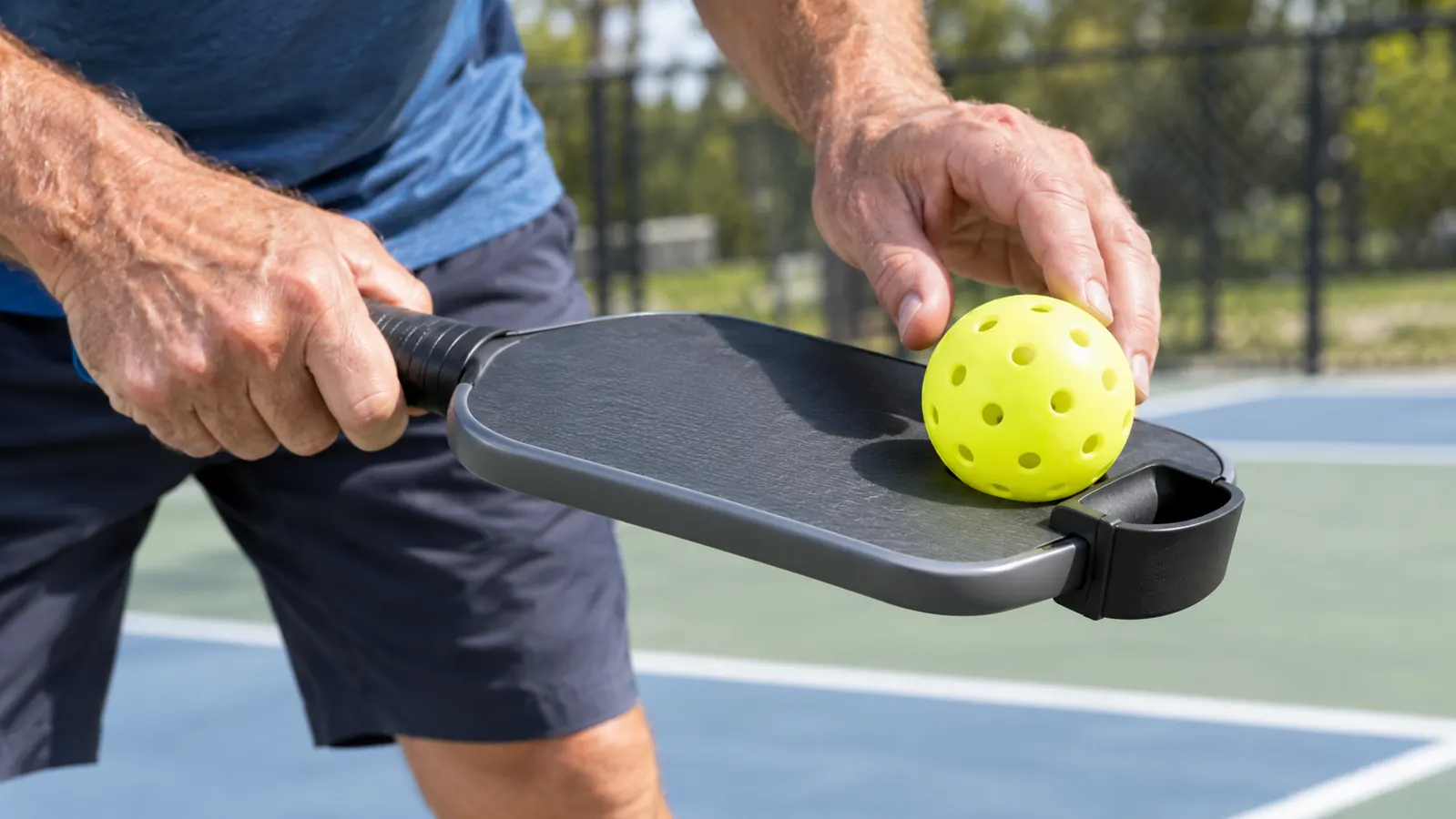 A close view of a hand tilting a paddle to lift a pickleball off the court surface using the edge-mounted retriever.
