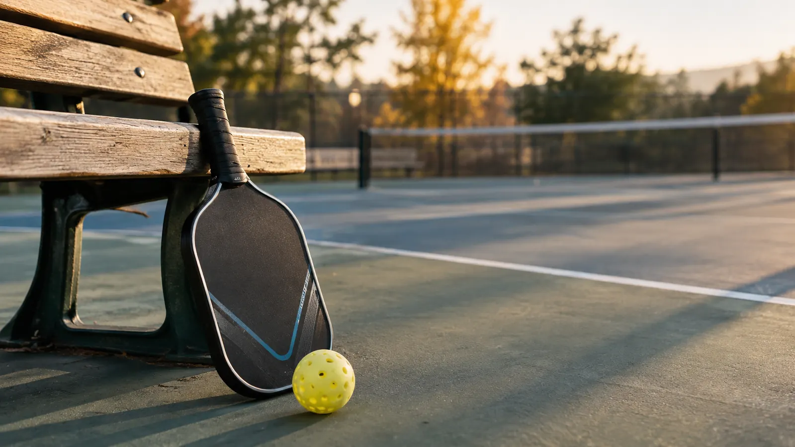 A pickleball paddle leaning against a park bench with a ball on the ground beside it in afternoon light.