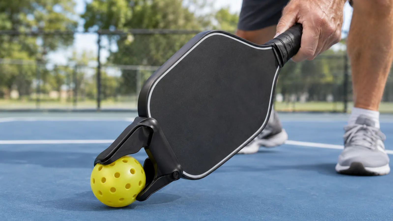 Close view of a paddle-mounted ball retriever picking up a pickleball from the court.