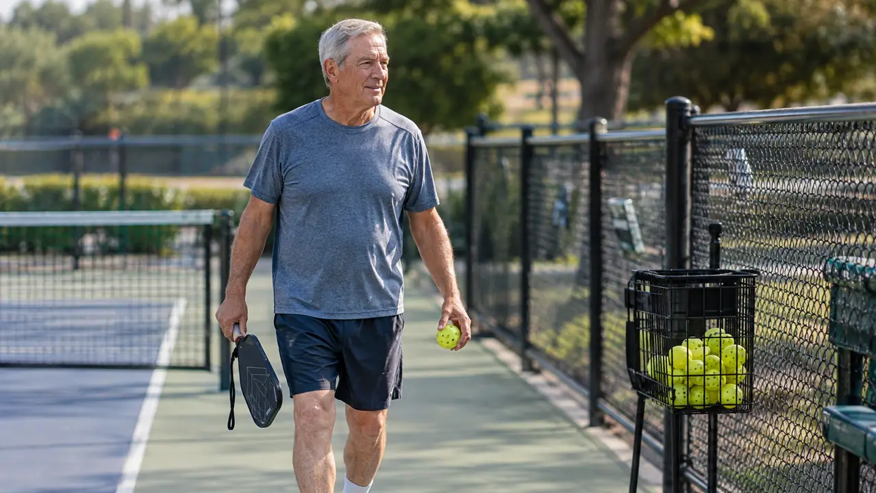 A player walking a pickleball to the basket with the retriever still attached to his paddle.