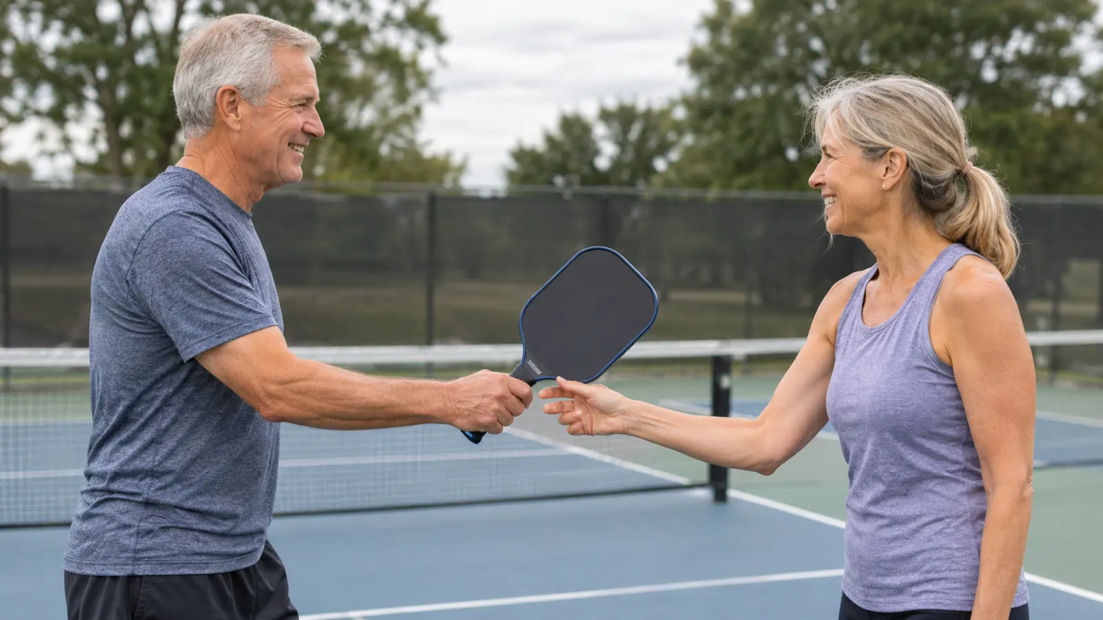 a man in his sixties handing a paddle to a woman at the kitchen line on an outdoor pickleball court
