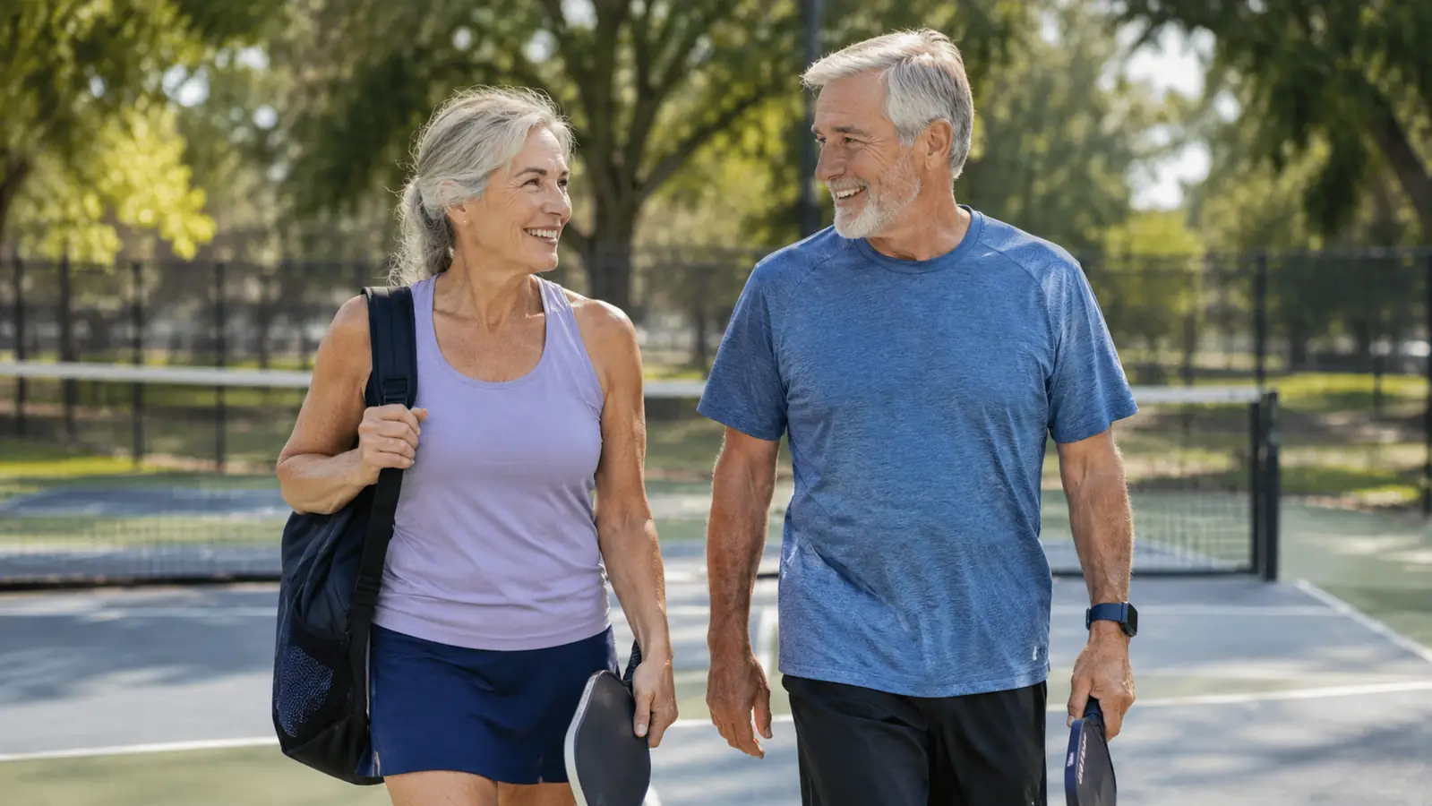 a couple in their sixties walking off a pickleball court together, one carrying a sling bag over a shoulder