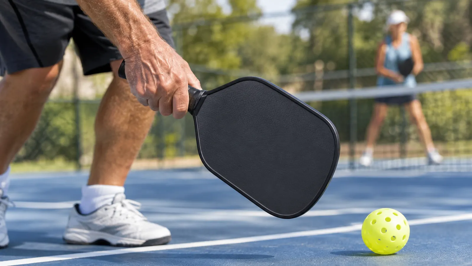 A close view of a hand gripping a paddle handle while the paddle rests on a court surface