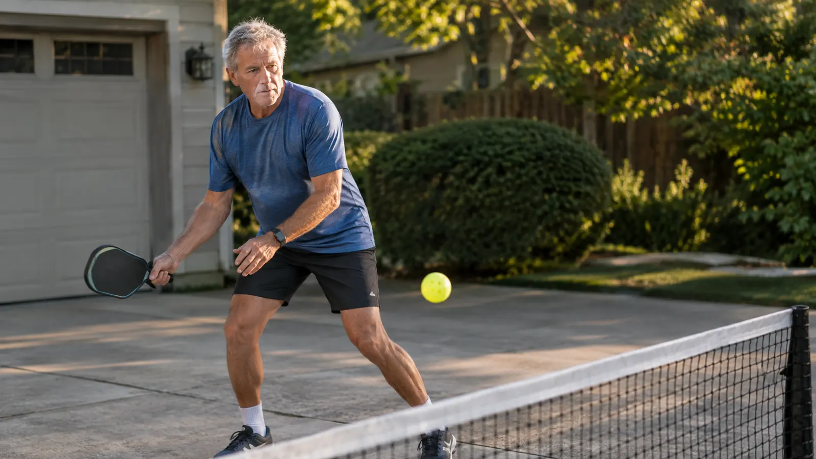 A man in his sixties practicing paddle swings in a driveway with a portable pickleball net