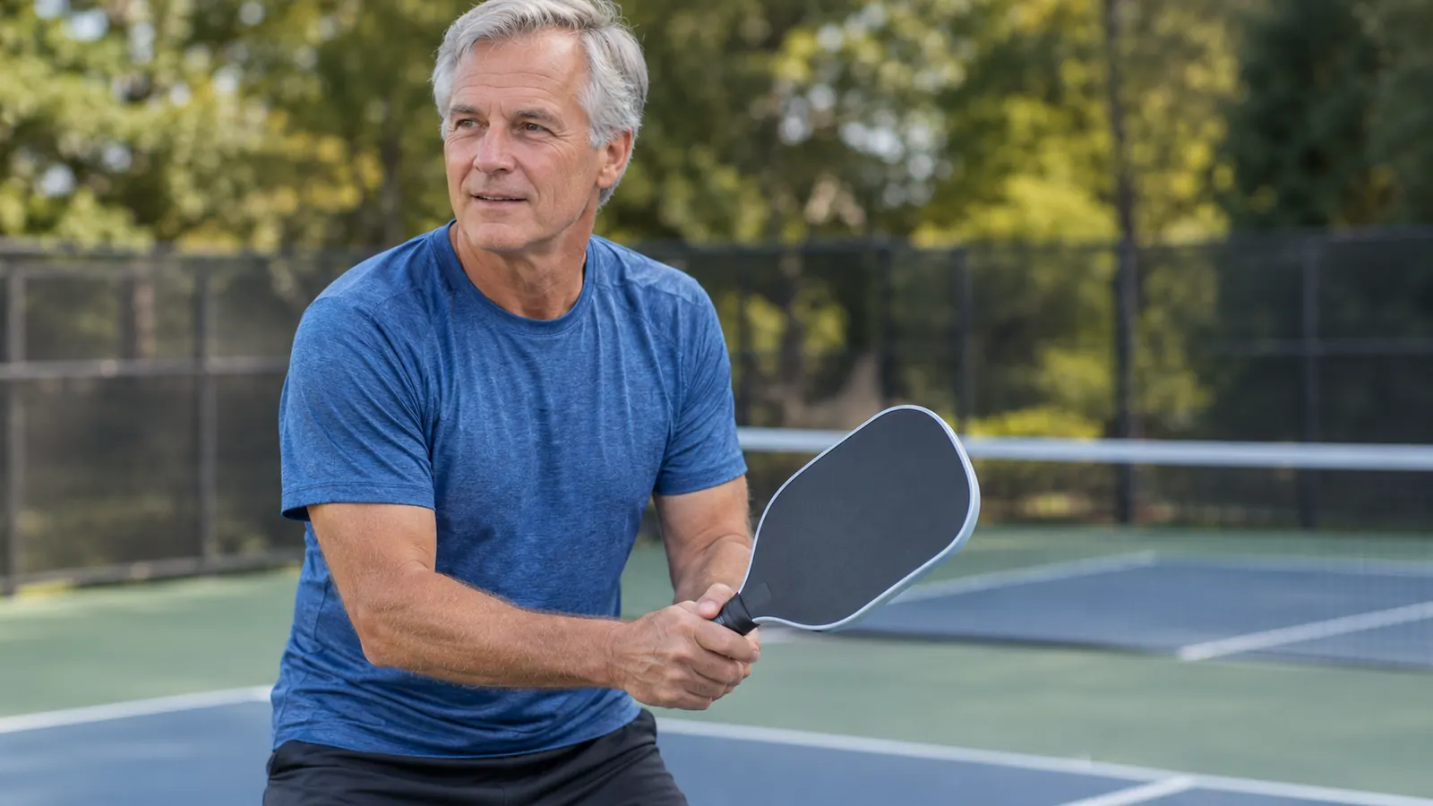A man in his sixties gripping a paddle handle during a pause between points on an outdoor court