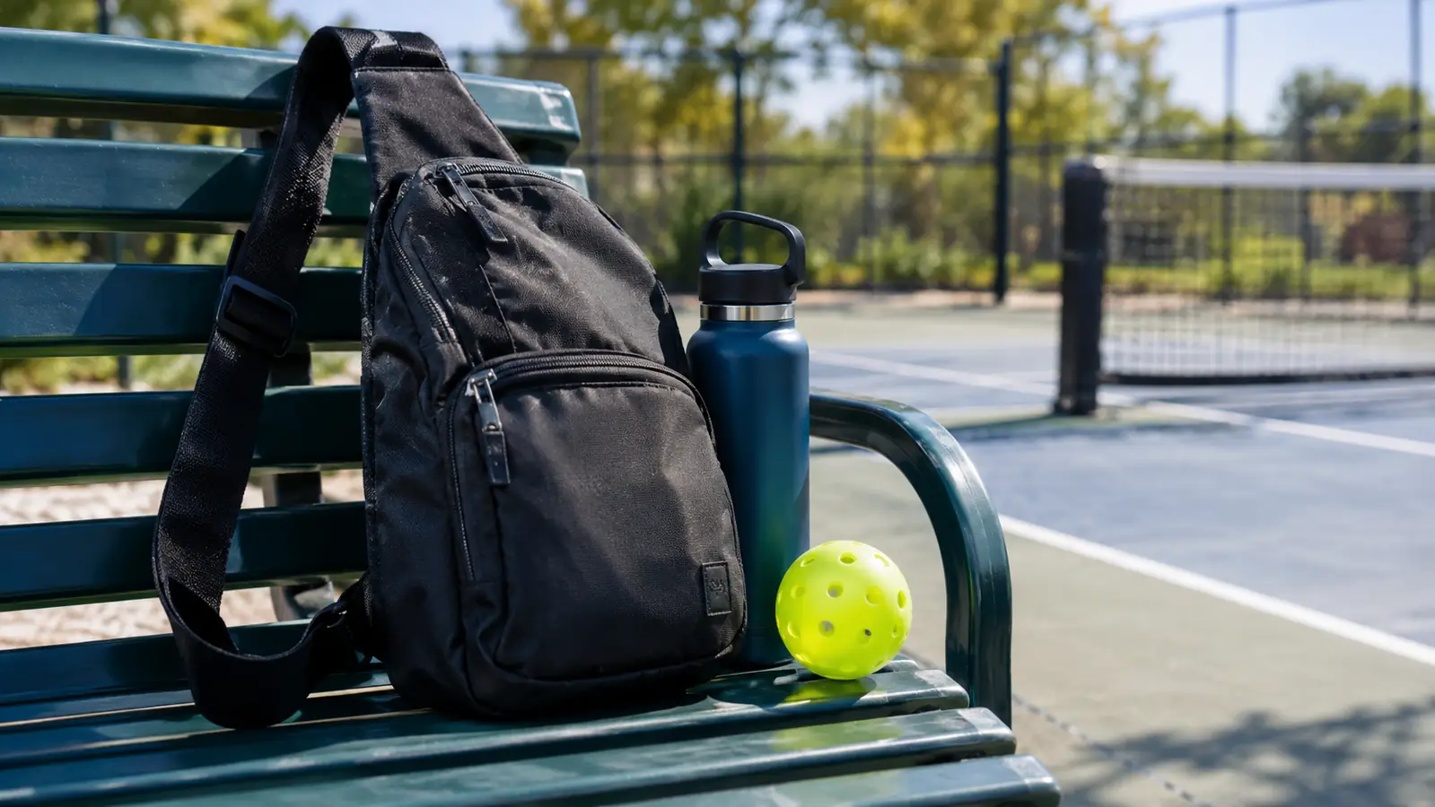A sling bag resting on a park bench next to a water bottle and a pickleball on an outdoor court