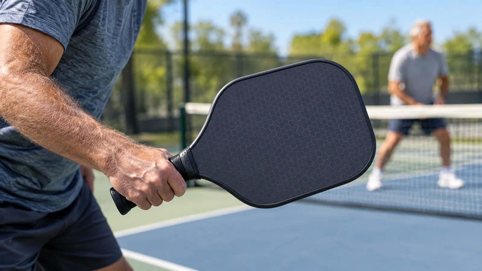 A player's hand gripping a pickleball paddle at the ready position on the court.