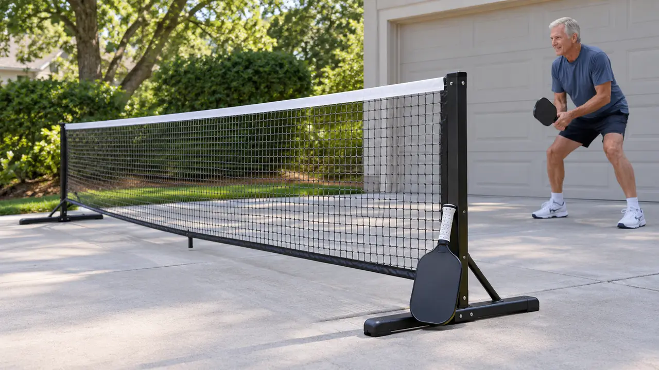A large portable net frame with a dark mesh net stands in a driveway next to a garage, with a pickleball paddle and ball on the ground nearby